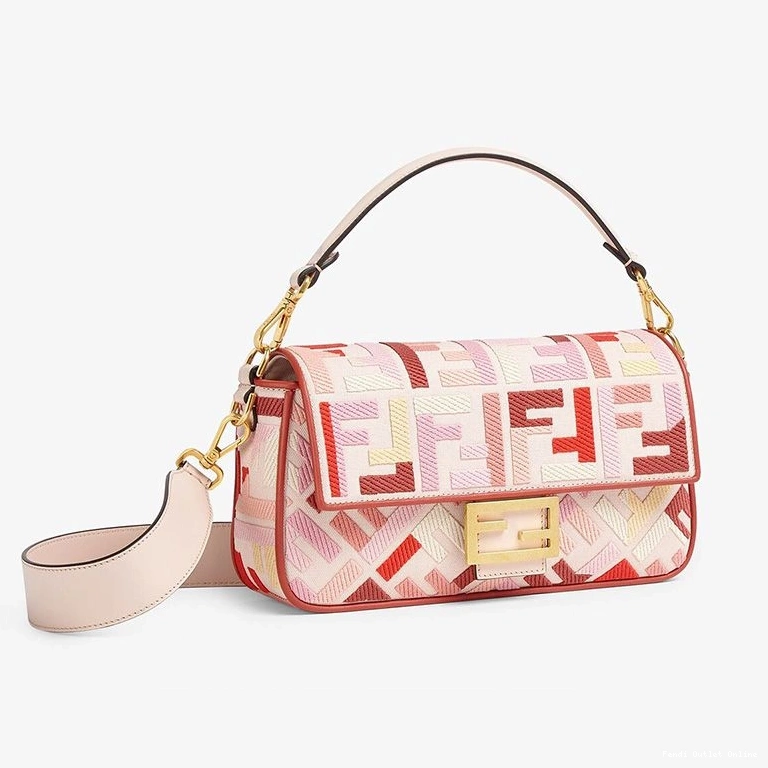 Cheap In Baguette Canvas Pink Bag FF Fendi Red Medium Motif 0824